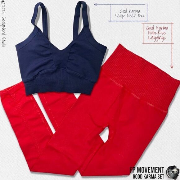 FP MOVEMENT GOOD KARMA SET: SCOOP NECK BRA + HIGH-RISE LEGGINGS DARK BLUE & RED - Picture 1 of 16